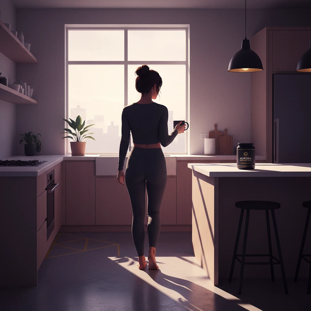 Person from behind in a morning kitchen, holding a dark mug
